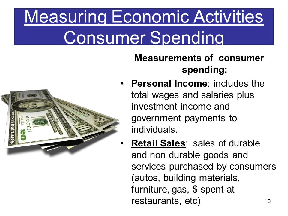 Measuring Economic Activities Consumer Spending Measurements of consumer spending: Personal Income: includes the total wages and salaries plus investment income and government payments to individuals.