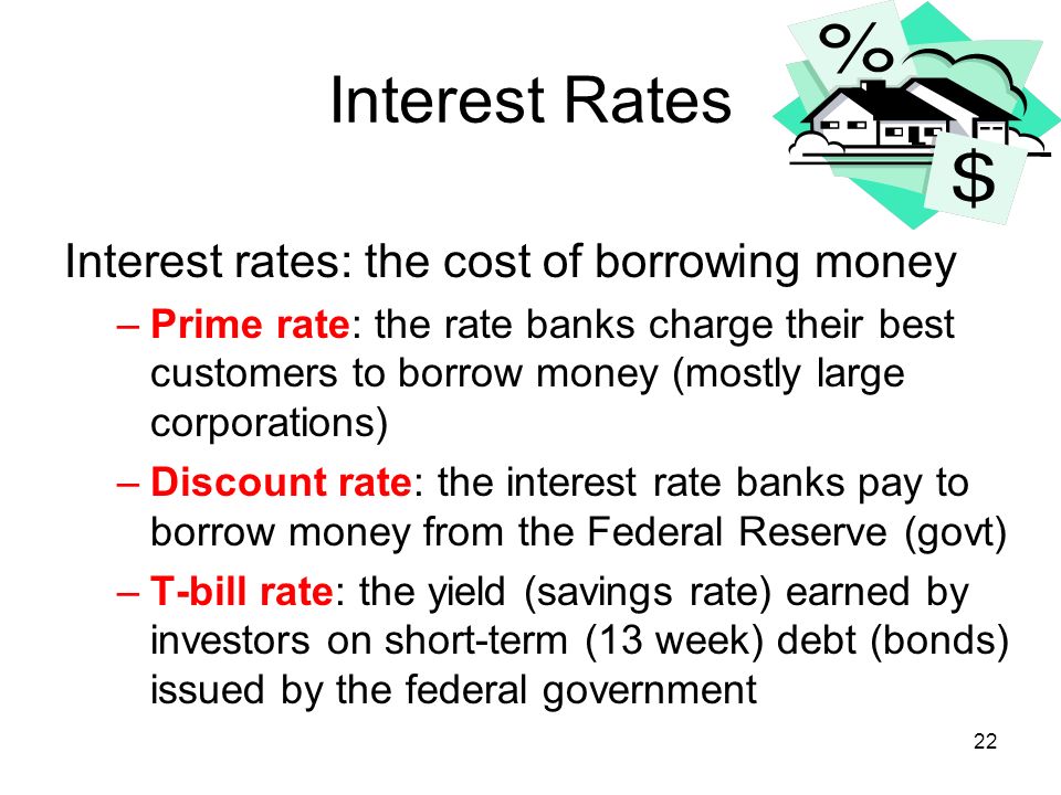 Interest Rates Interest rates: the cost of borrowing money –Prime rate: the rate banks charge their best customers to borrow money (mostly large corporations) –Discount rate: the interest rate banks pay to borrow money from the Federal Reserve (govt) –T-bill rate: the yield (savings rate) earned by investors on short-term (13 week) debt (bonds) issued by the federal government 22