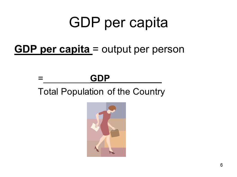 GDP per capita GDP per capita = output per person =_________GDP__________ Total Population of the Country 6