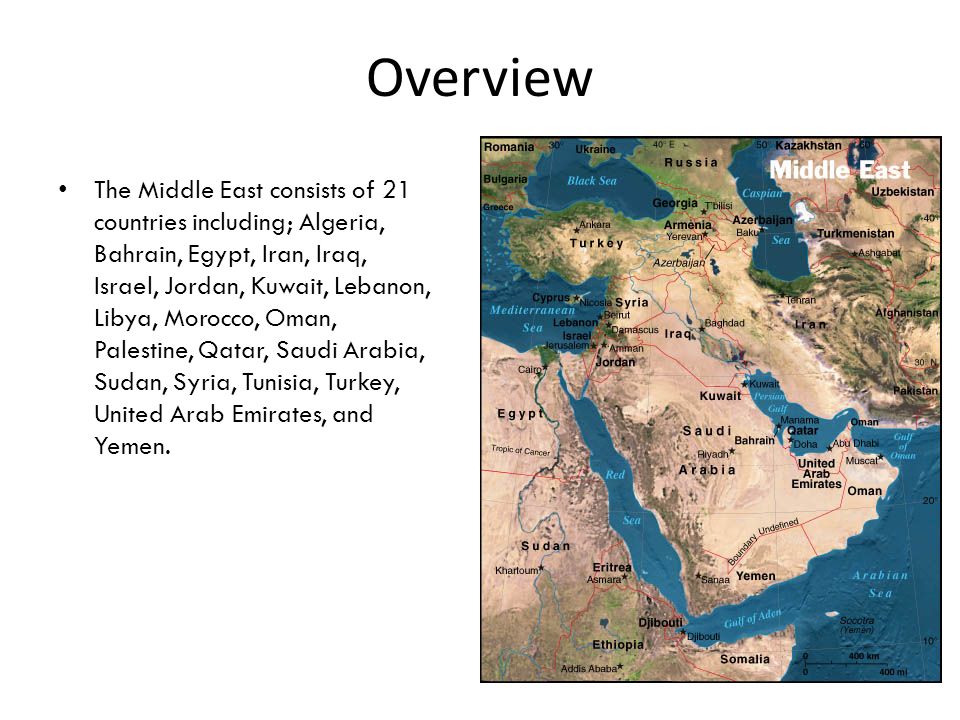 Overview The Middle East consists of 21 countries including; Algeria, Bahrain, Egypt, Iran, Iraq, Israel, Jordan, Kuwait, Lebanon, Libya, Morocco, Oman, Palestine, Qatar, Saudi Arabia, Sudan, Syria, Tunisia, Turkey, United Arab Emirates, and Yemen.