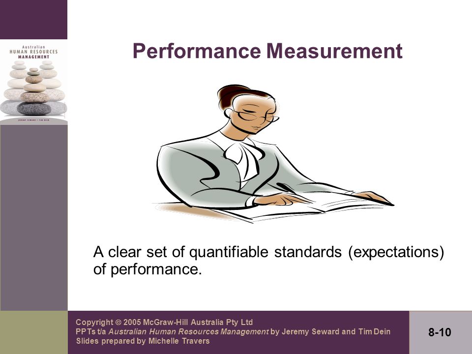 Copyright  2005 McGraw-Hill Australia Pty Ltd PPTs t/a Australian Human Resources Management by Jeremy Seward and Tim Dein Slides prepared by Michelle Travers 8-10 Performance Measurement A clear set of quantifiable standards (expectations) of performance.