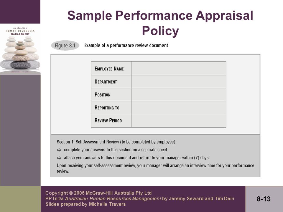 Copyright  2005 McGraw-Hill Australia Pty Ltd PPTs t/a Australian Human Resources Management by Jeremy Seward and Tim Dein Slides prepared by Michelle Travers 8-13 Sample Performance Appraisal Policy