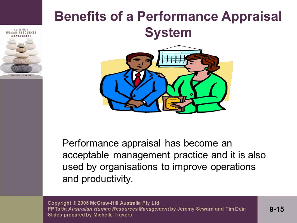 Copyright  2005 McGraw-Hill Australia Pty Ltd PPTs t/a Australian Human Resources Management by Jeremy Seward and Tim Dein Slides prepared by Michelle Travers 8-15 Benefits of a Performance Appraisal System Performance appraisal has become an acceptable management practice and it is also used by organisations to improve operations and productivity.