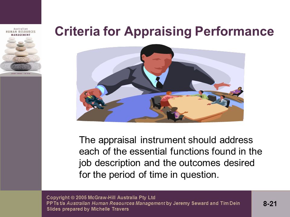 Copyright  2005 McGraw-Hill Australia Pty Ltd PPTs t/a Australian Human Resources Management by Jeremy Seward and Tim Dein Slides prepared by Michelle Travers 8-21 Criteria for Appraising Performance The appraisal instrument should address each of the essential functions found in the job description and the outcomes desired for the period of time in question.