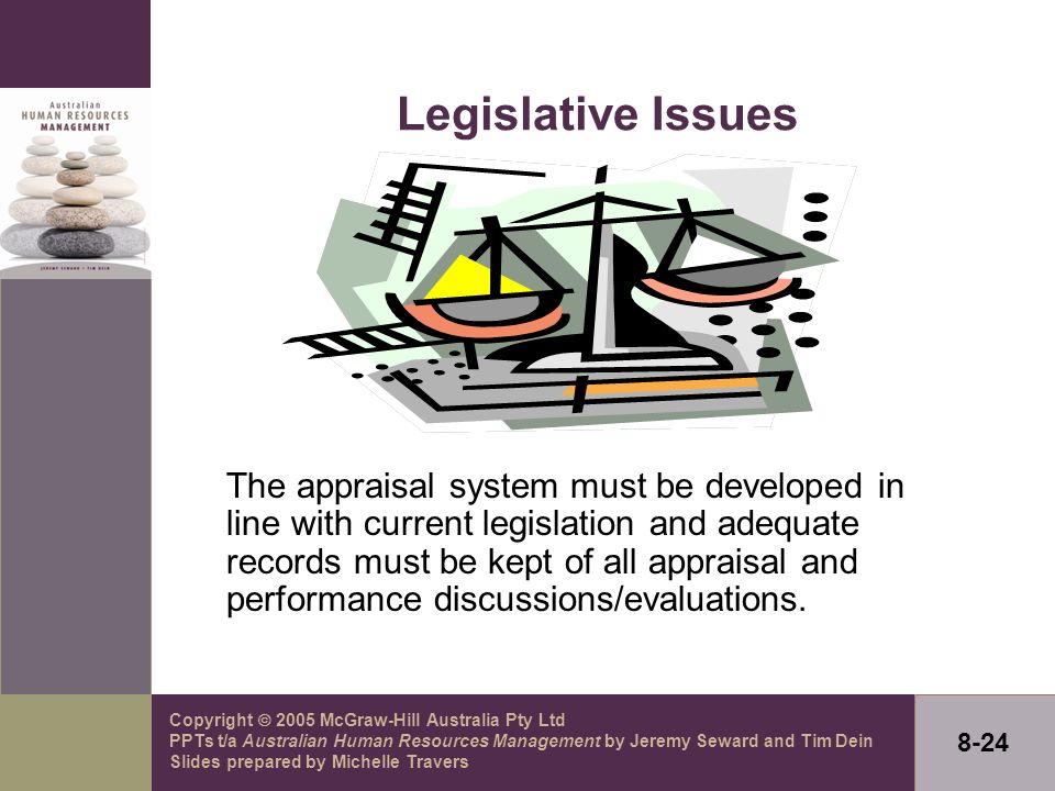 Copyright  2005 McGraw-Hill Australia Pty Ltd PPTs t/a Australian Human Resources Management by Jeremy Seward and Tim Dein Slides prepared by Michelle Travers 8-24 Legislative Issues The appraisal system must be developed in line with current legislation and adequate records must be kept of all appraisal and performance discussions/evaluations.