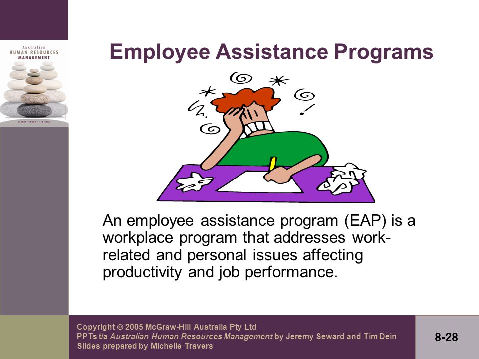 Copyright  2005 McGraw-Hill Australia Pty Ltd PPTs t/a Australian Human Resources Management by Jeremy Seward and Tim Dein Slides prepared by Michelle Travers 8-28 Employee Assistance Programs An employee assistance program (EAP) is a workplace program that addresses work- related and personal issues affecting productivity and job performance.