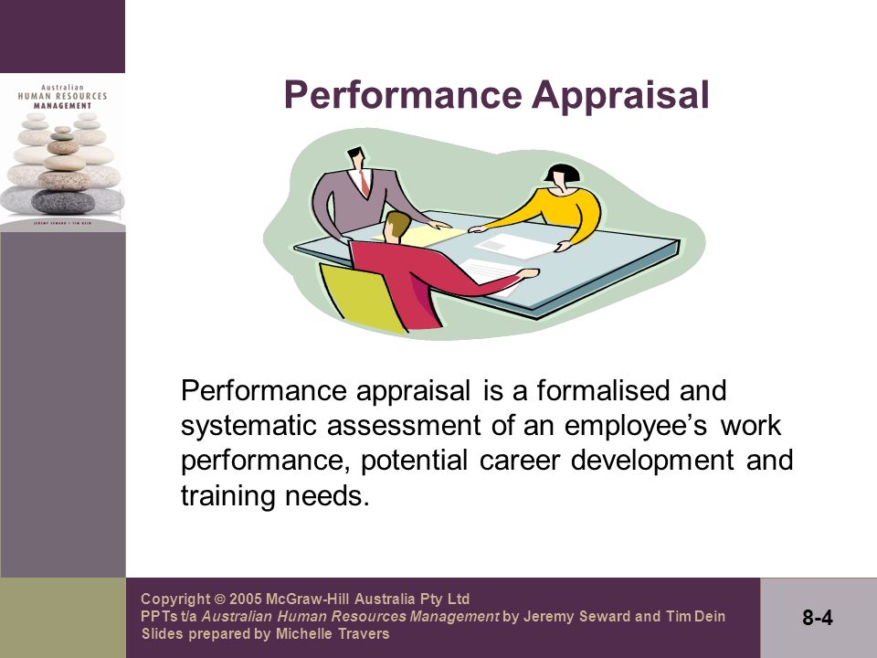 Copyright  2005 McGraw-Hill Australia Pty Ltd PPTs t/a Australian Human Resources Management by Jeremy Seward and Tim Dein Slides prepared by Michelle Travers 8-4 Performance Appraisal Performance appraisal is a formalised and systematic assessment of an employee’s work performance, potential career development and training needs.