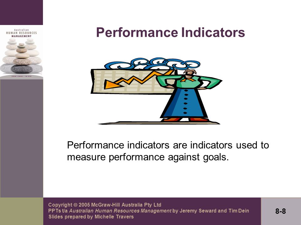 Copyright  2005 McGraw-Hill Australia Pty Ltd PPTs t/a Australian Human Resources Management by Jeremy Seward and Tim Dein Slides prepared by Michelle Travers 8-8 Performance Indicators Performance indicators are indicators used to measure performance against goals.