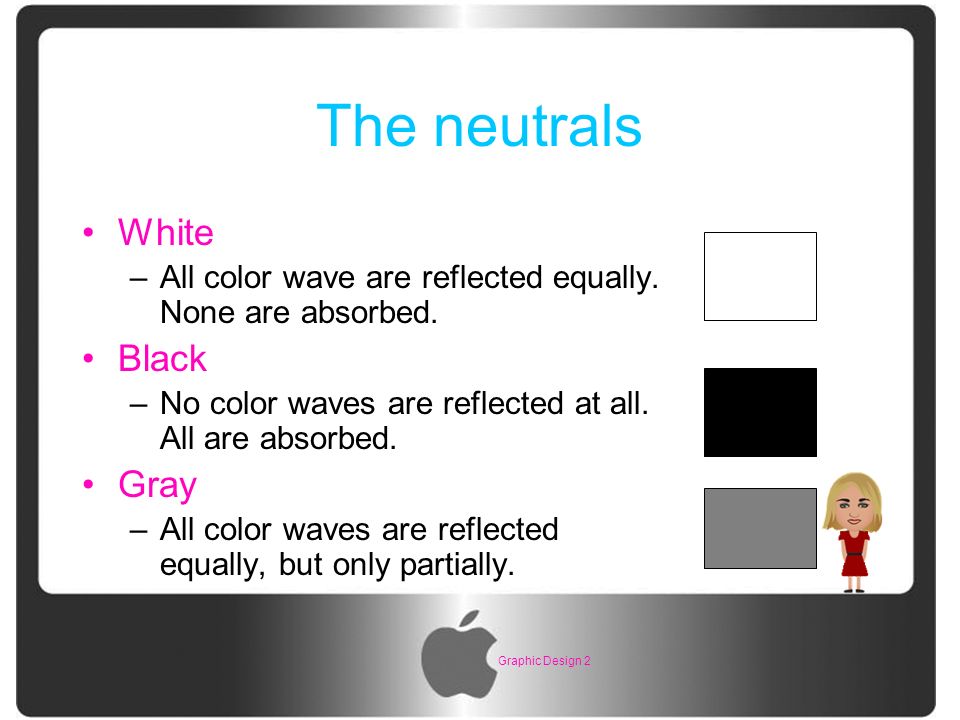 Graphic Design 2 The neutrals White –All color wave are reflected equally.