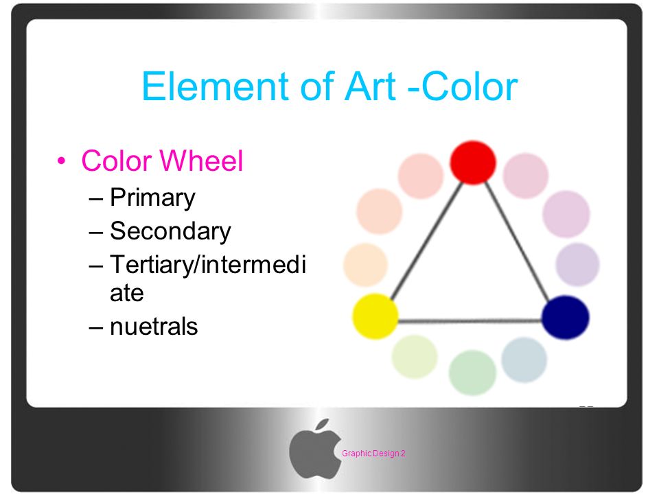 Graphic Design 2 Element of Art -Color Color Wheel –Primary –Secondary –Tertiary/intermedi ate –nuetrals