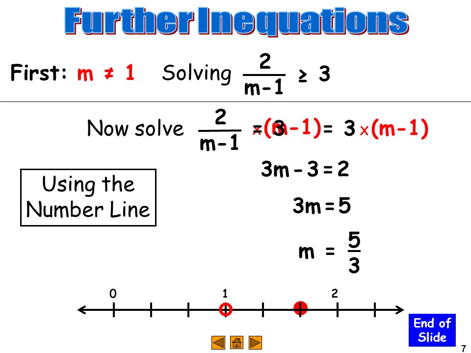 7 Solving 2 m-1 ≥ 3 First: m ≠ 1 Now solve = 3 X (m-1) 3m - 3 = 2 m = 5353 Using the Number Line m-1 3m = 5 = 3 End of Slide