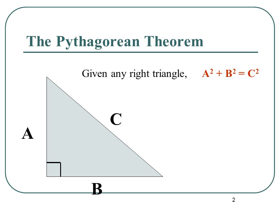 2 A B C Given any right triangle, A 2 + B 2 = C 2