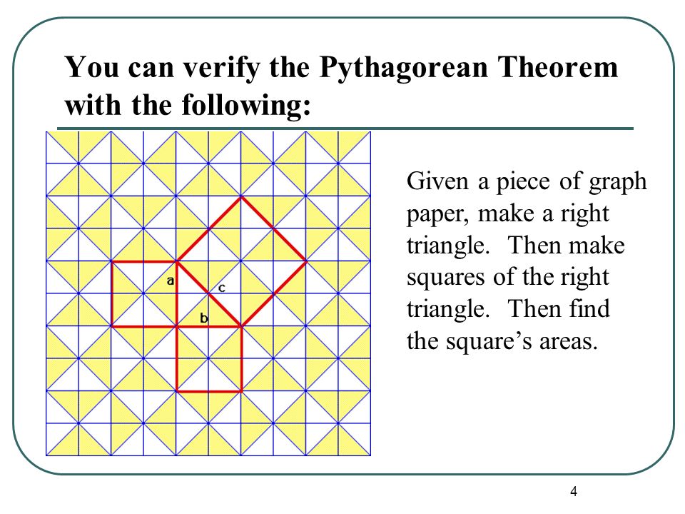 4 You can verify the Pythagorean Theorem with the following: Given a piece of graph paper, make a right triangle.
