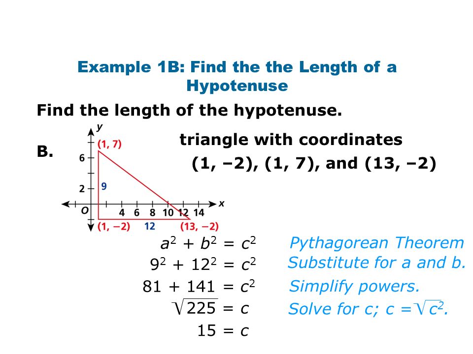 15 = c B. Pythagorean Theorem Substitute for a and b.