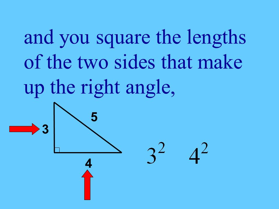 and you square the lengths of the two sides that make up the right angle, 3 4 5