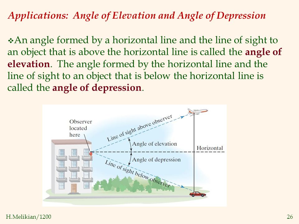 H.Melikian/ Applications: Angle of Elevation and Angle of Depression v An angle formed by a horizontal line and the line of sight to an object that is above the horizontal line is called the angle of elevation.
