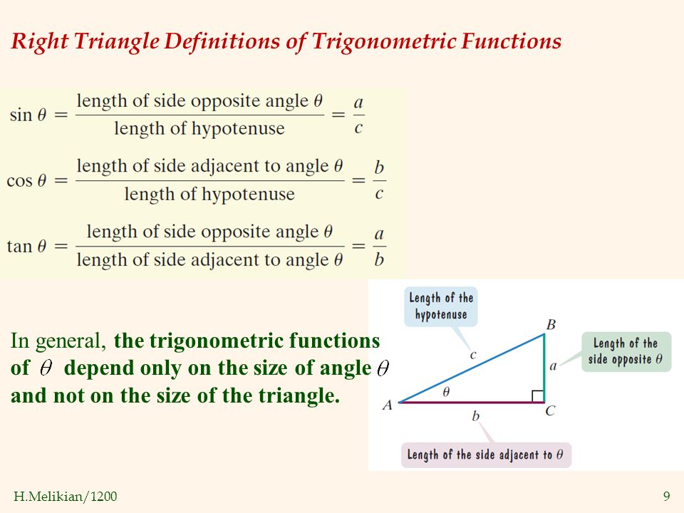 H.Melikian/12009 Right Triangle Definitions of Trigonometric Functions In general, the trigonometric functions of depend only on the size of angle and not on the size of the triangle.