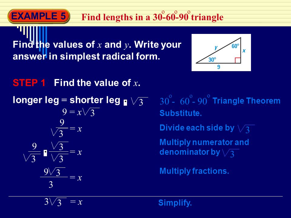 EXAMPLE 5 Find lengths in a triangle o oo Find the values of x and y.