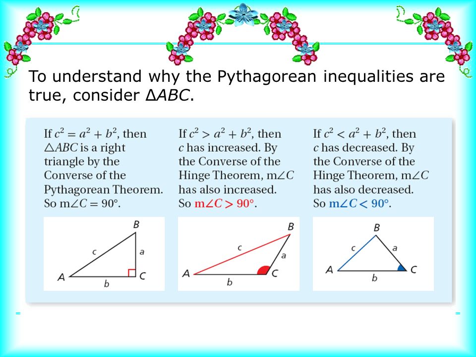 To understand why the Pythagorean inequalities are true, consider ∆ABC.
