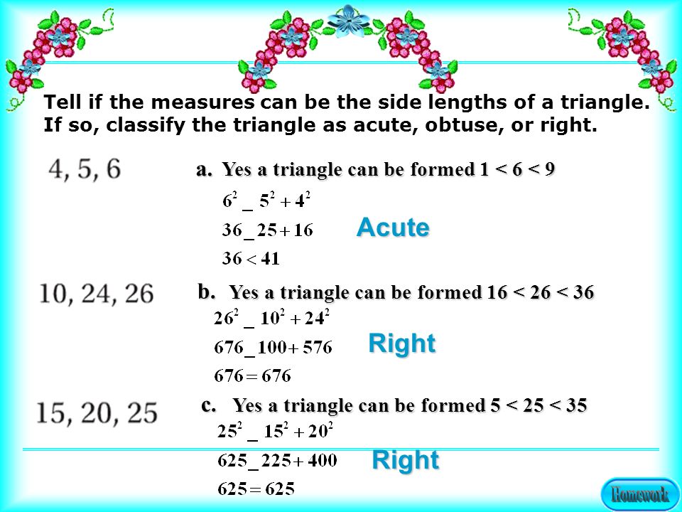 Tell if the measures can be the side lengths of a triangle.