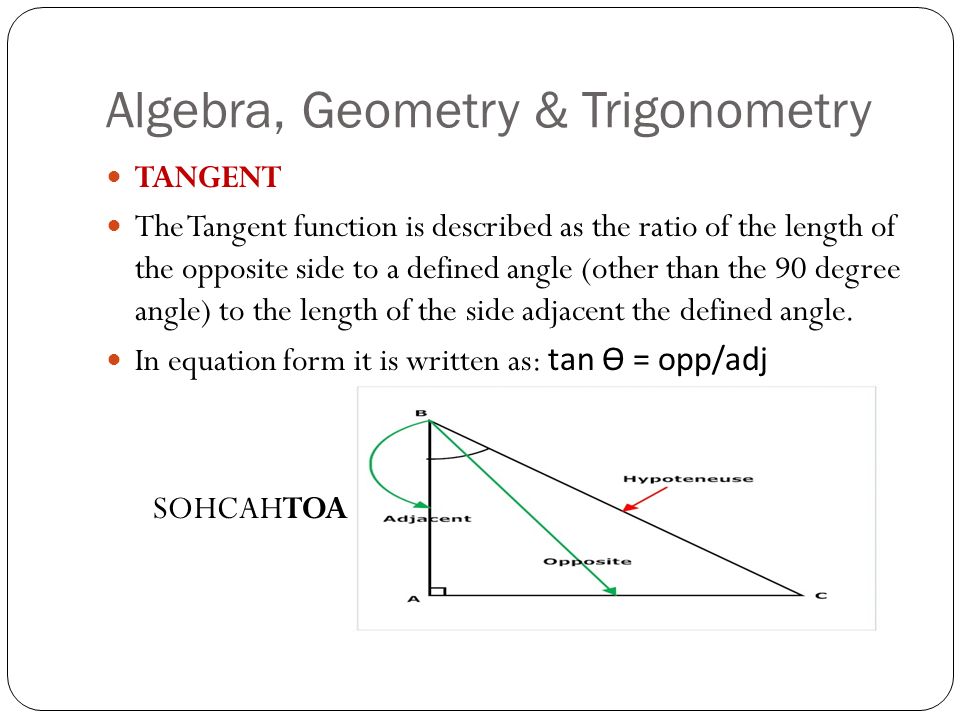 Algebra, Geometry & Trigonometry TANGENT The Tangent function is described as the ratio of the length of the opposite side to a defined angle (other than the 90 degree angle) to the length of the side adjacent the defined angle.
