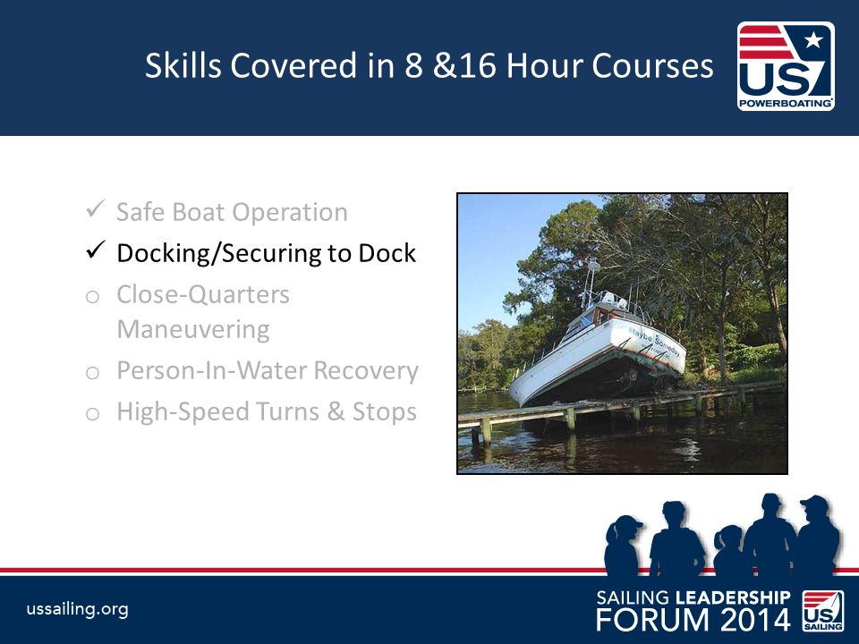 Safe Boat Operation Docking/Securing to Dock o Close-Quarters Maneuvering o Person-In-Water Recovery o High-Speed Turns & Stops Skills Covered in 8 &16 Hour Courses