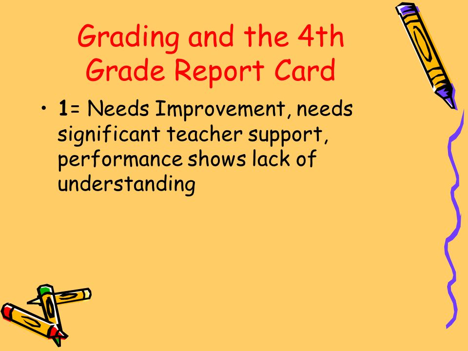 Grading and the 4th Grade Report Card 1= Needs Improvement, needs significant teacher support, performance shows lack of understanding