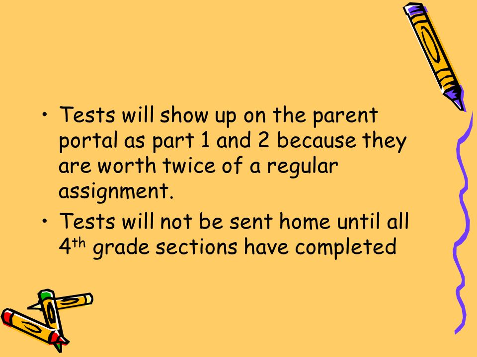 Tests will show up on the parent portal as part 1 and 2 because they are worth twice of a regular assignment.