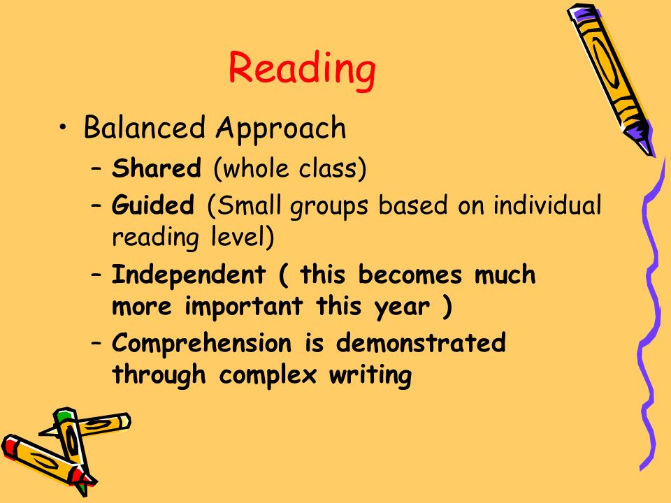 Reading Balanced Approach –Shared (whole class) –Guided (Small groups based on individual reading level) –Independent ( this becomes much more important this year ) –Comprehension is demonstrated through complex writing
