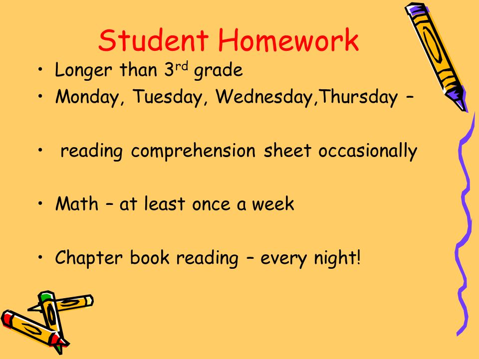 Student Homework Longer than 3 rd grade Monday, Tuesday, Wednesday,Thursday – reading comprehension sheet occasionally Math – at least once a week Chapter book reading – every night!