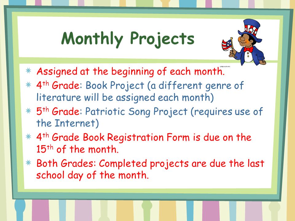 Monthly Projects Assigned at the beginning of each month.