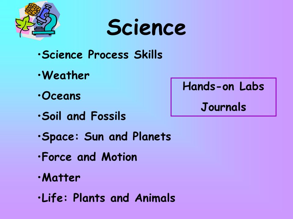 Science Science Process Skills Weather Oceans Soil and Fossils Space: Sun and Planets Force and Motion Matter Life: Plants and Animals Hands-on Labs Journals