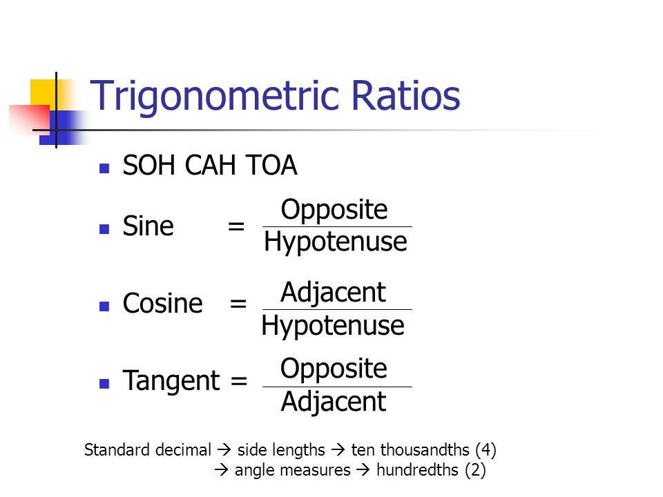 Trigonometric Ratios SOH CAH TOA Opposite Sine = Adjacent Cosine = Tangent = Hypotenuse Adjacent Opposite Standard decimal  side lengths  ten thousandths (4)  angle measures  hundredths (2)