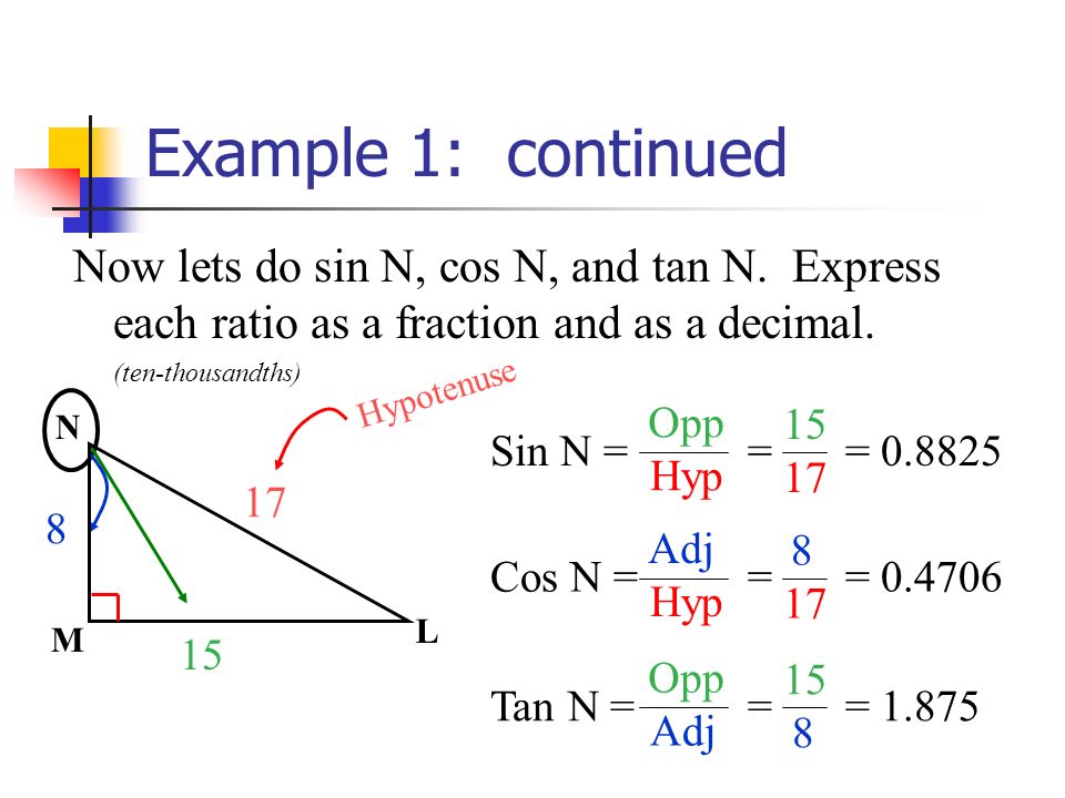 Example 1: continued Now lets do sin N, cos N, and tan N.