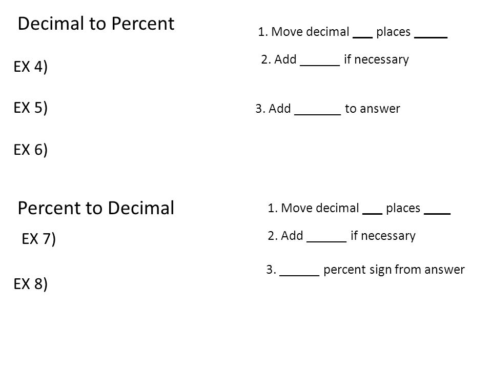 Decimal to Percent Percent to Decimal 1. Move decimal ___ places _____ 1.