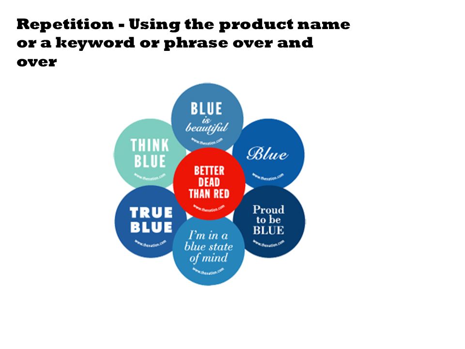 Repetition - Using the product name or a keyword or phrase over and over
