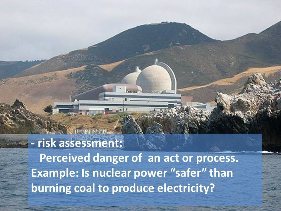 - risk assessment: Perceived danger of an act or process.