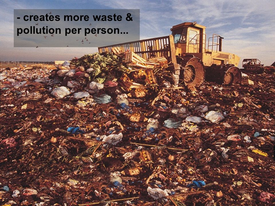 - creates more waste & pollution per person...