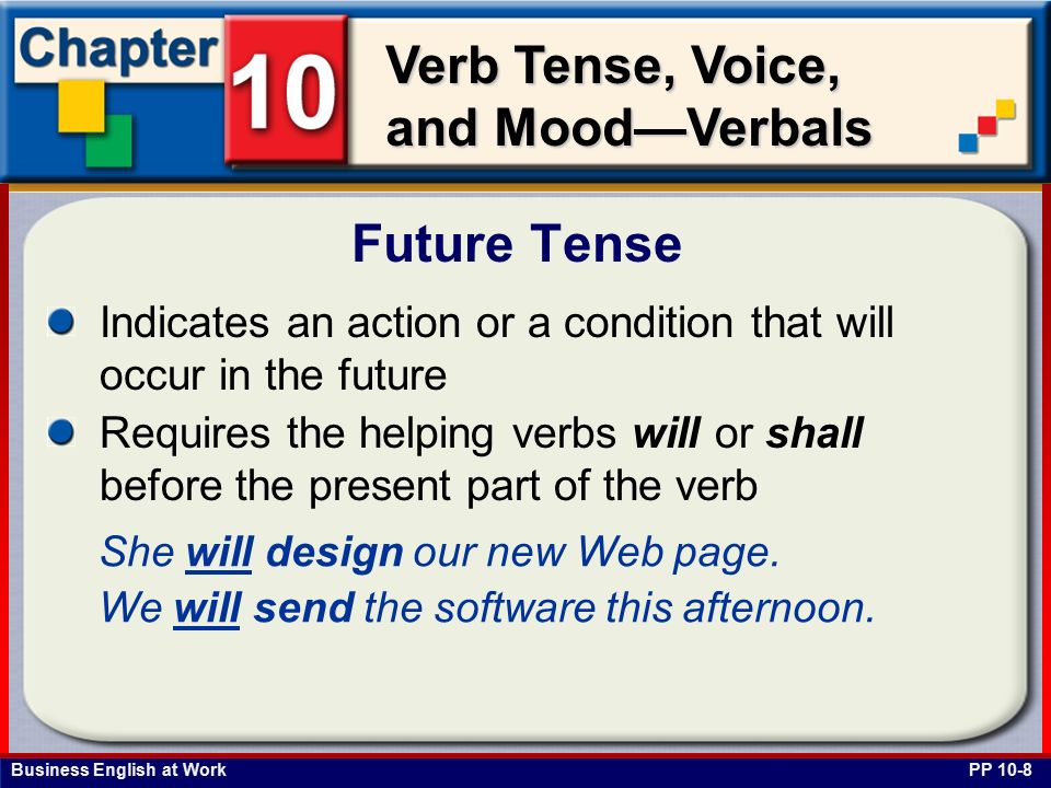 Business English at Work Verb Tense, Voice, and Mood—Verbals Indicates an action or a condition that will occur in the future Requires the helping verbs will or shall before the present part of the verb Future Tense PP 10-8 She will design our new Web page.