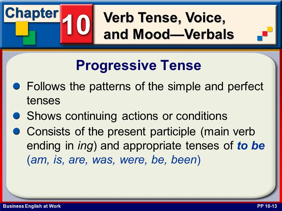 Business English at Work Verb Tense, Voice, and Mood—Verbals Follows the patterns of the simple and perfect tenses Shows continuing actions or conditions Consists of the present participle (main verb ending in ing) and appropriate tenses of to be (am, is, are, was, were, be, been) Progressive Tense PP 10-13