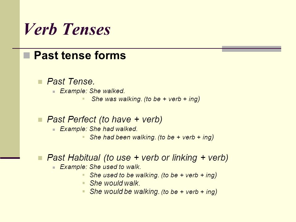 Verb Tenses Past tense forms Past Tense. Example: She walked.