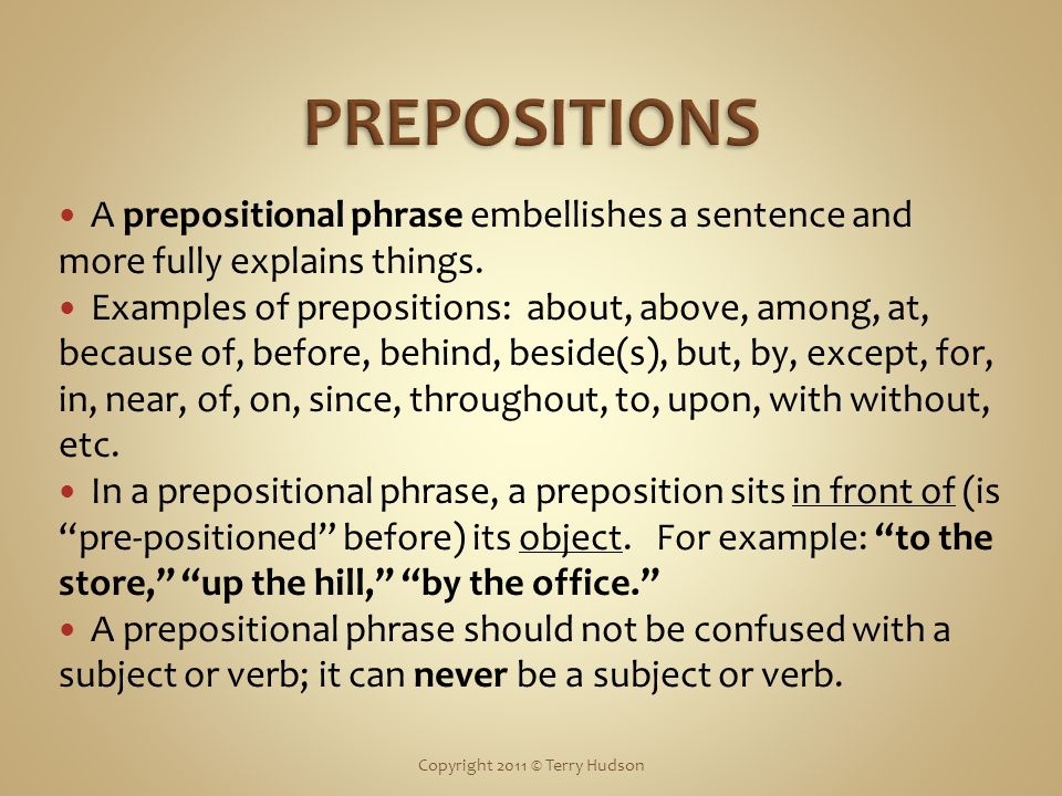 A prepositional phrase embellishes a sentence and more fully explains things.