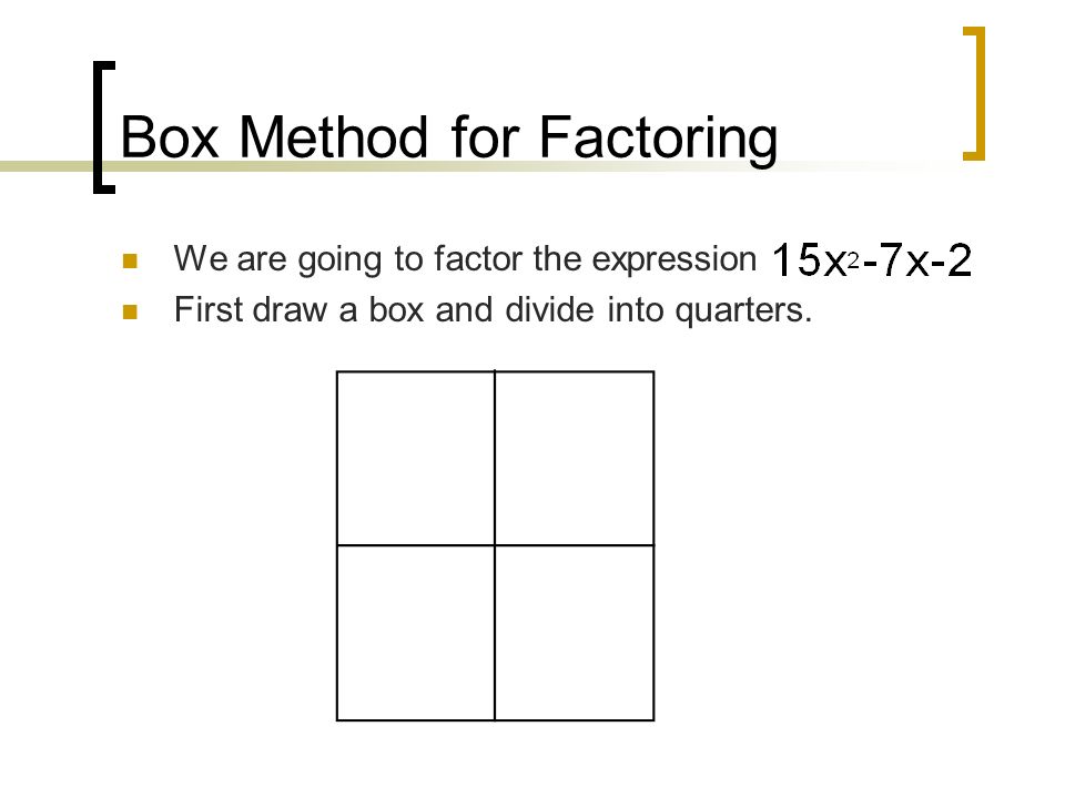 Box Method for Factoring We are going to factor the expression First draw a box and divide into quarters.