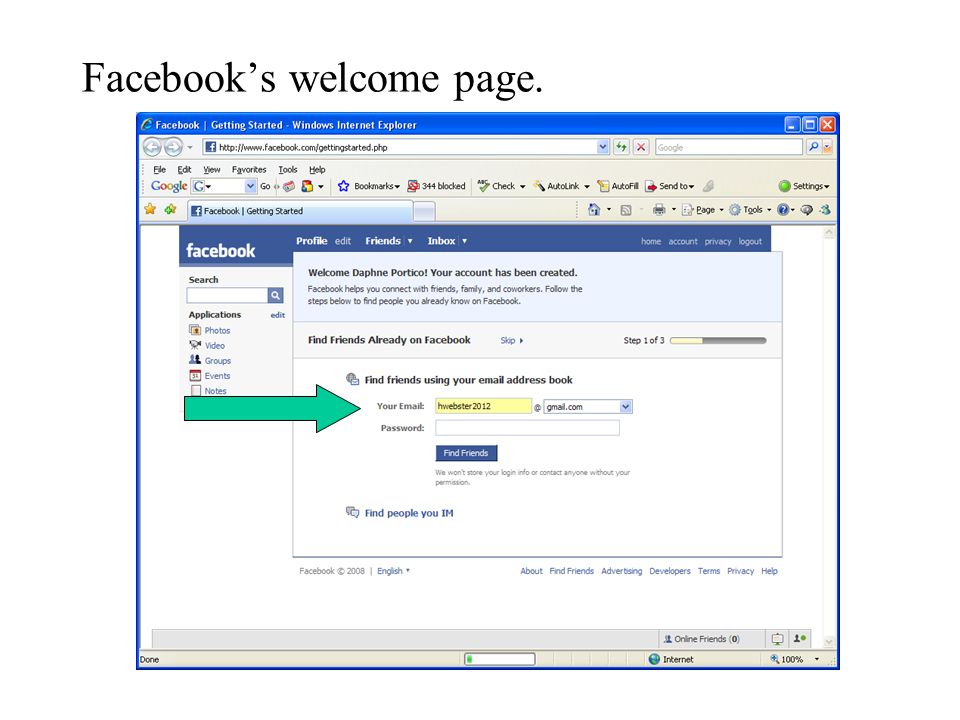 Facebook’s welcome page.