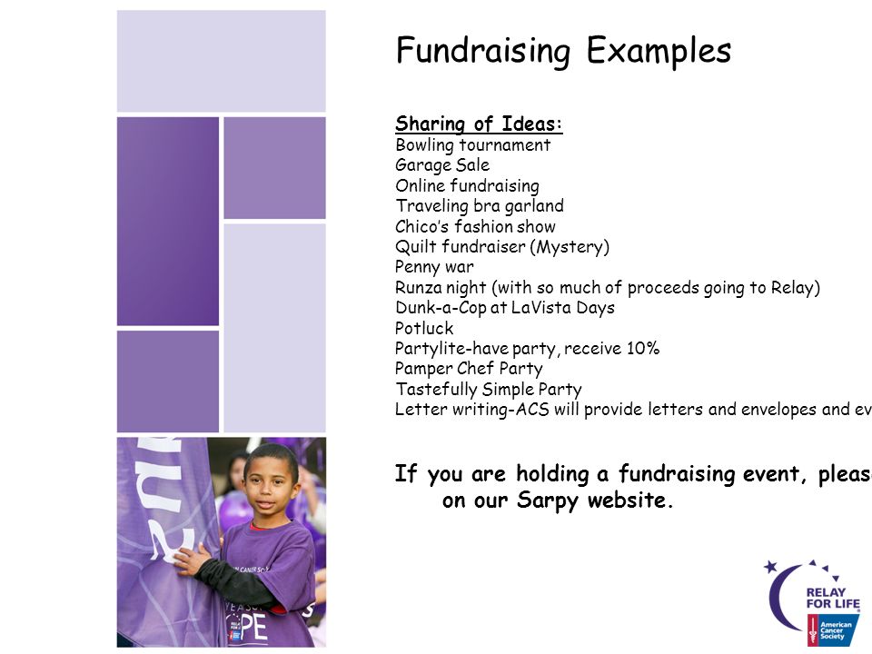Fundraising Examples Sharing of Ideas: Bowling tournament Garage Sale Online fundraising Traveling bra garland Chico’s fashion show Quilt fundraiser (Mystery) Penny war Runza night (with so much of proceeds going to Relay) Dunk-a-Cop at LaVista Days Potluck Partylite-have party, receive 10% Pamper Chef Party Tastefully Simple Party Letter writing-ACS will provide letters and envelopes and even may for you If you are holding a fundraising event, please  us and we will get it on our Sarpy website.