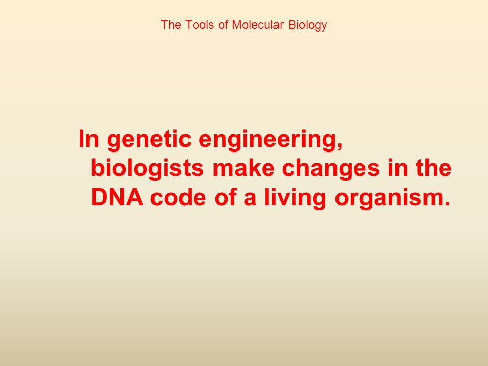 The Tools of Molecular Biology In genetic engineering, biologists make changes in the DNA code of a living organism.