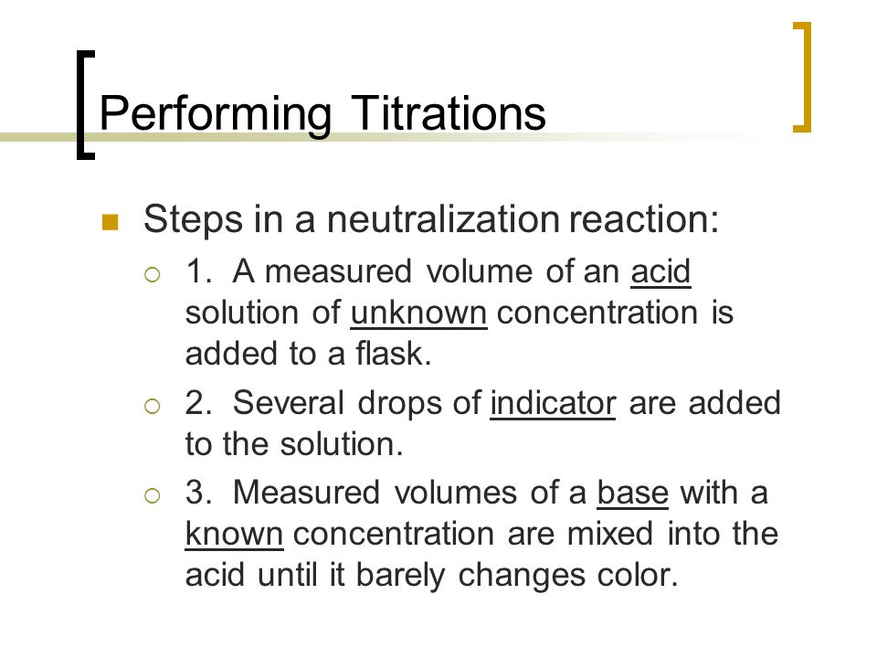 Performing Titrations Steps in a neutralization reaction:  1.