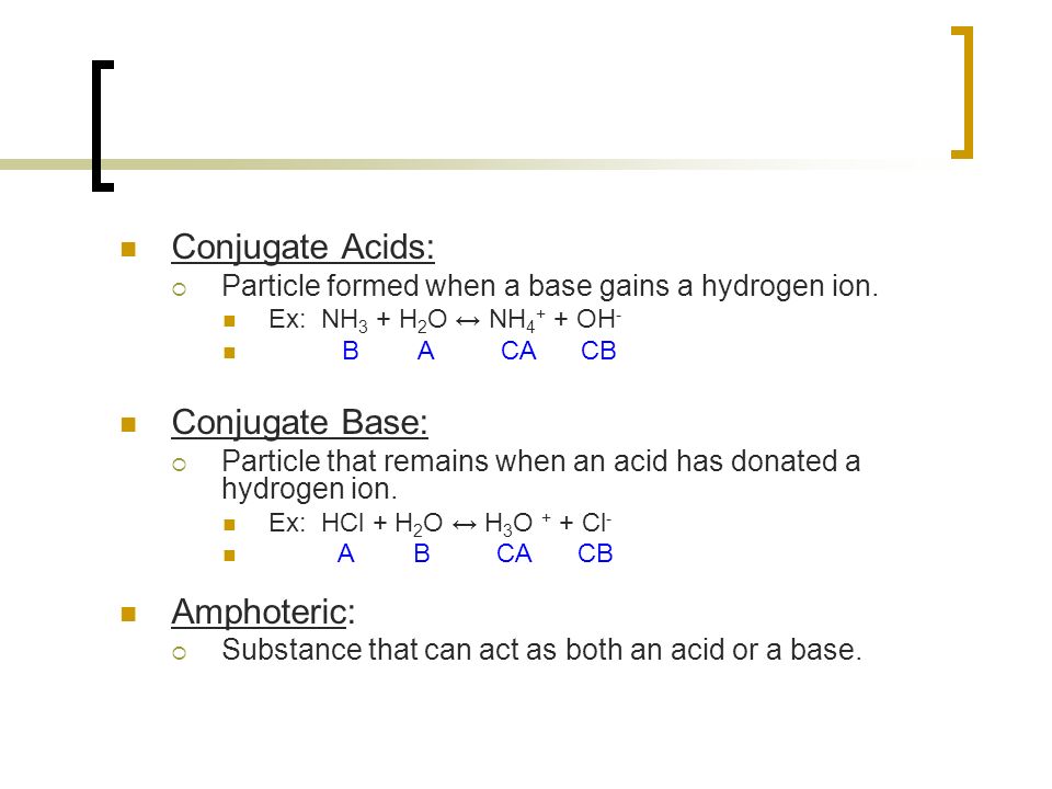 Conjugate Acids:  Particle formed when a base gains a hydrogen ion.