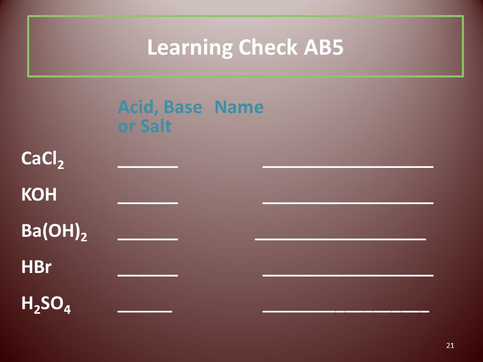 21 Learning Check AB5 Acid, Base Name or Salt CaCl 2 _______________________ KOH_______________________ Ba(OH) 2 ______ _________________ HBr_______________________ H 2 SO 4 ________________________