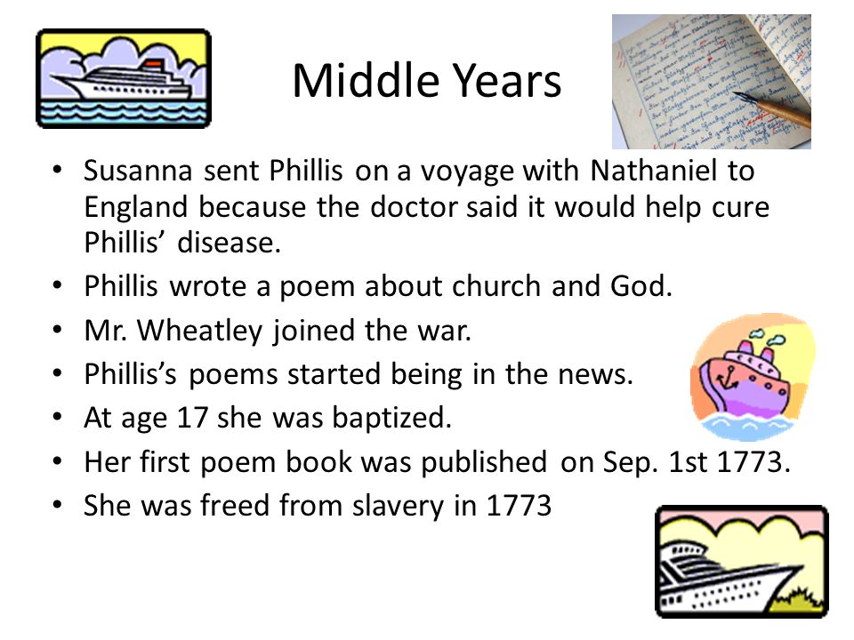Middle Years Susanna sent Phillis on a voyage with Nathaniel to England because the doctor said it would help cure Phillis’ disease.